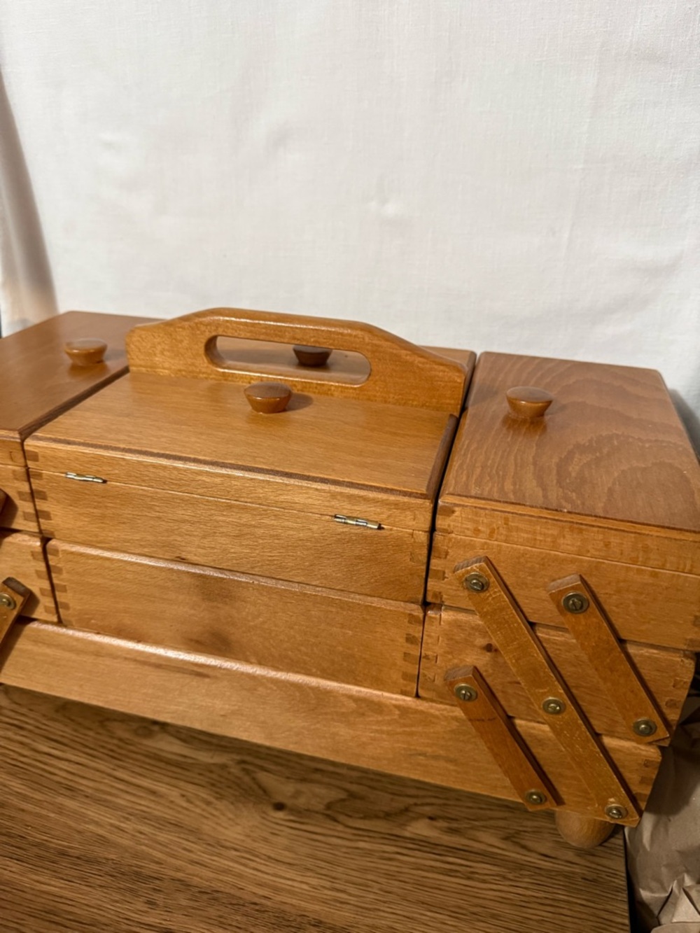 Vintage accordion style Wooden Fold-Out  Sewing Organizer - Honey Brown